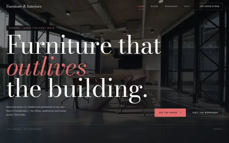 Home page of Sri MK's Furniture & Interiors — the Chennai furniture workshop's cinematic catalogue site, a client project put live in about three days