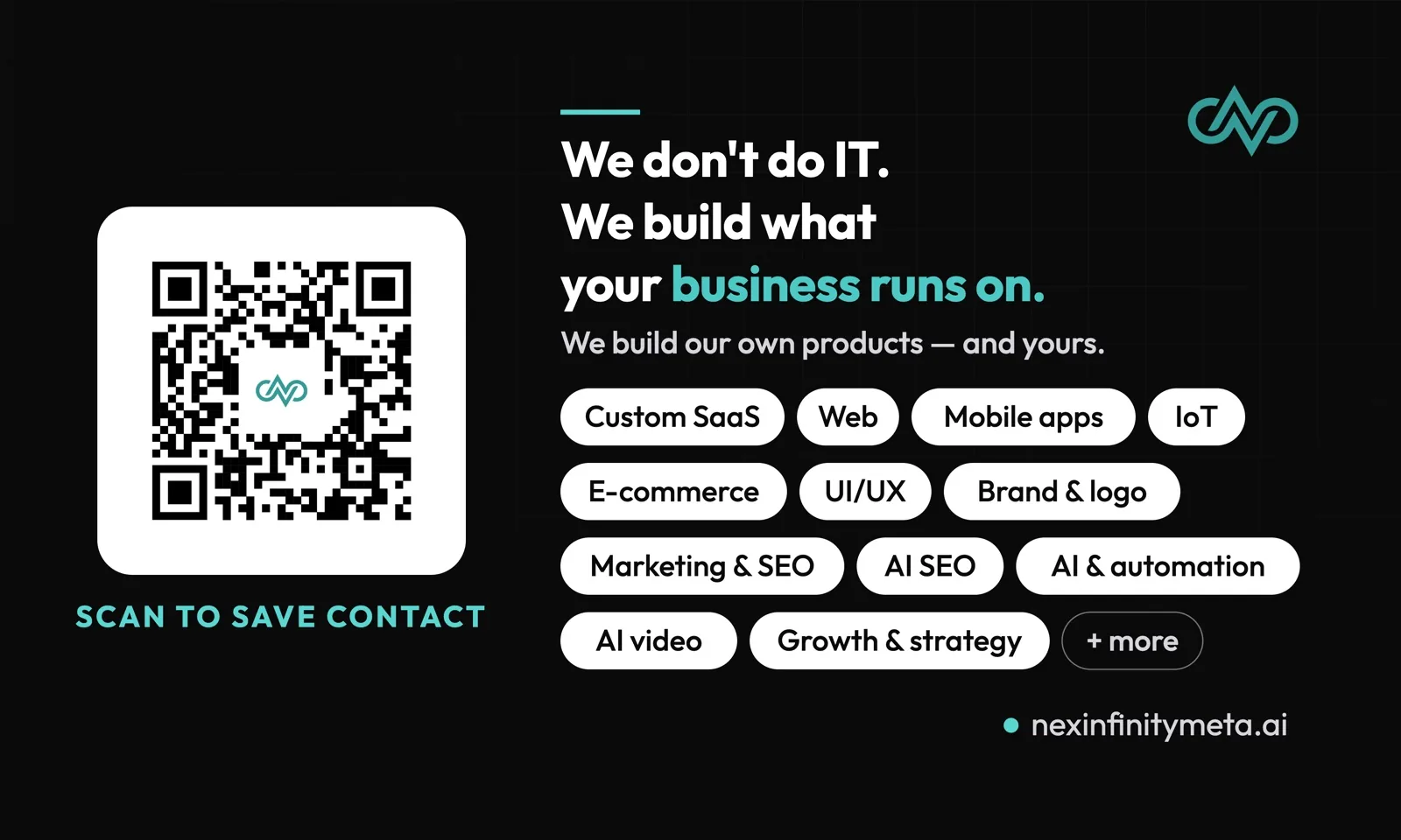 Business card, black colourway — back (scan-to-save QR)