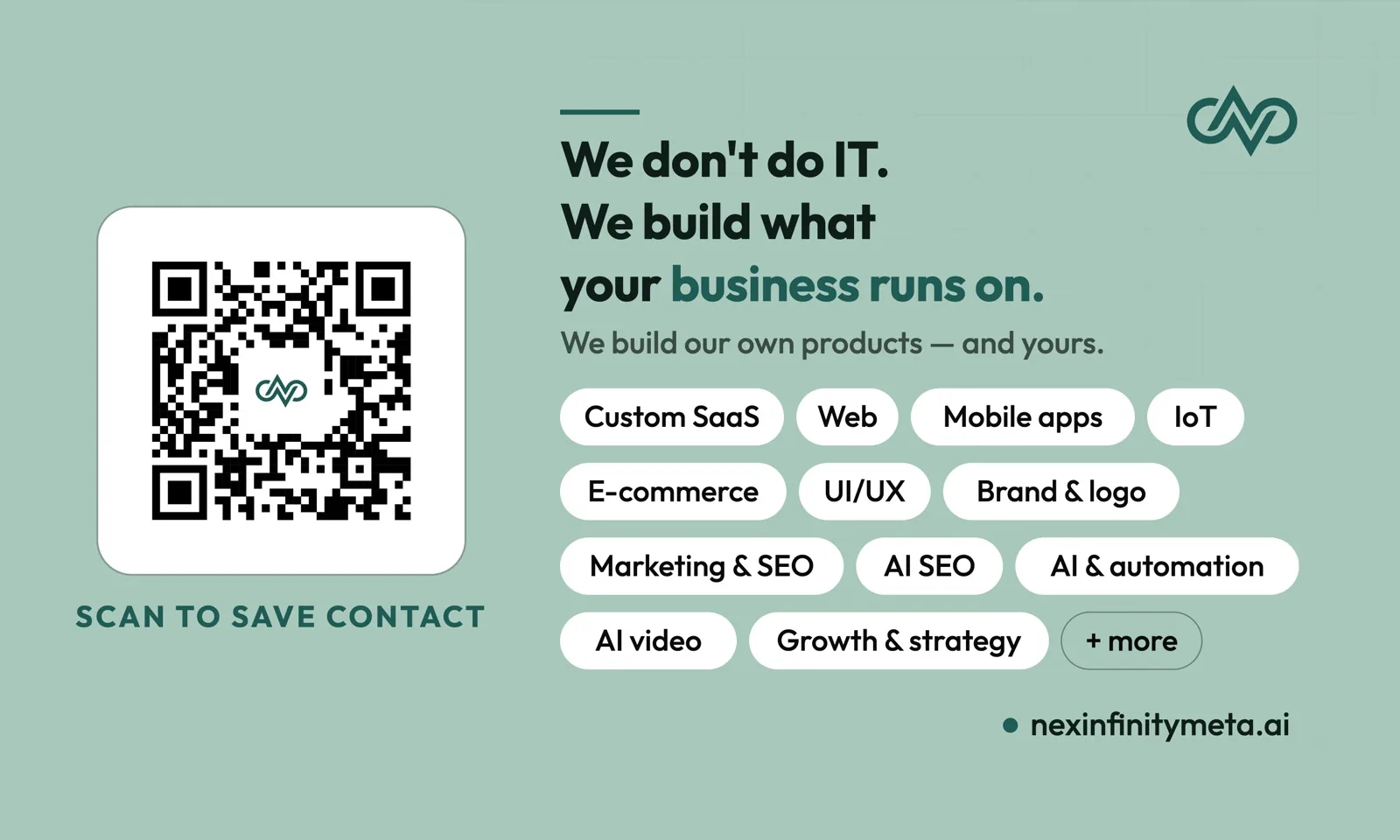 Business card, sea-foam colourway — back (scan-to-save QR)