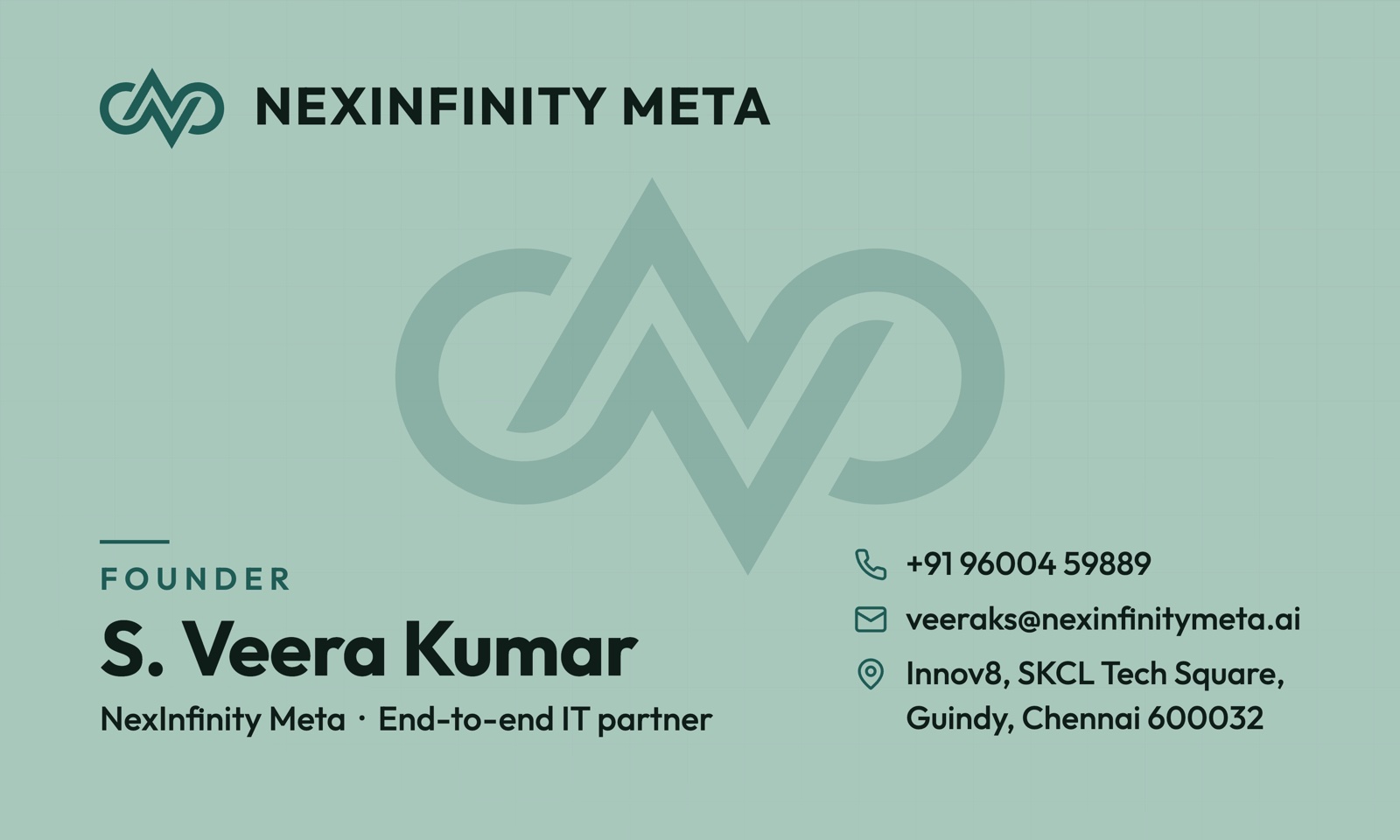 Business card, sea-foam colourway — front (founder)