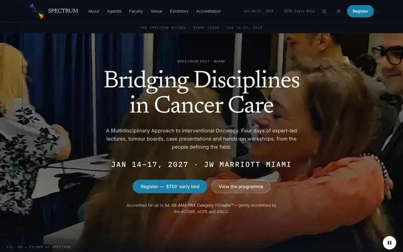 Home page of SPECTRUM — the interventional oncology CME conference site we rebuilt for Towers Marketing Group, Miami