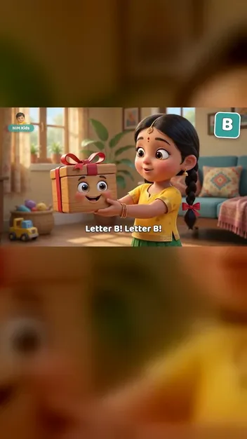 Chellam beside the Surprise Box as the letter A appears — a NIM Kids Short on YouTube