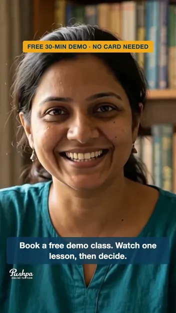The presenter in the Pushpa Online Tuition promo, vertical edition